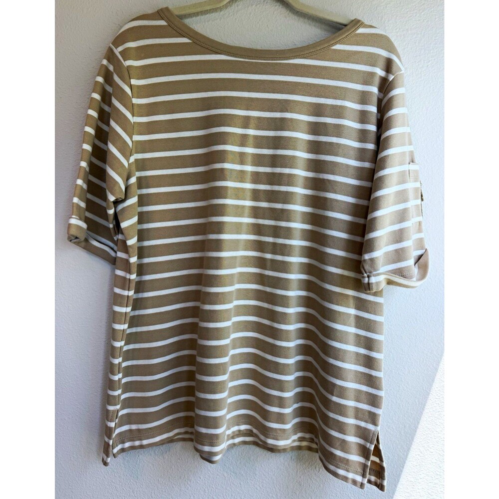 White Stag Women's XL Beige White Striped Knit Round Neck 3/4 read below *